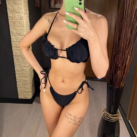 Black Ruched Top and Brazilian Bottom Bikini Set - Picture 3 of 7